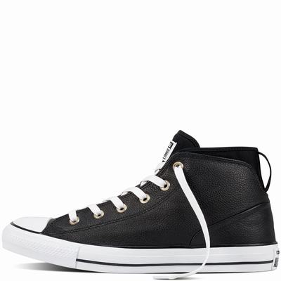 Converse Chuck Taylor All Star Syde Street Leather Mid Tops Mens - Black/Black/White Shoes (426SLQVD)